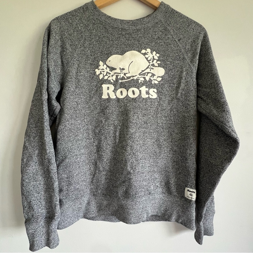Roots Salt & Pepper Crewneck Sweater with white Beaver Design